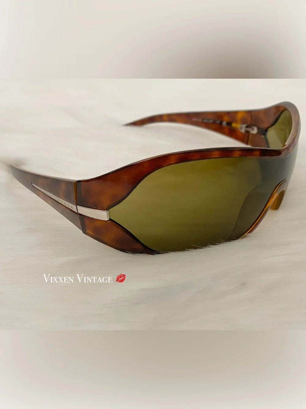 VINTAGE Y2K PRADA CHUNKY WRAP-AROUND SHIELD TORTOISE SHELL SUNGLASSES IN BROWN - Picture 4 of 13